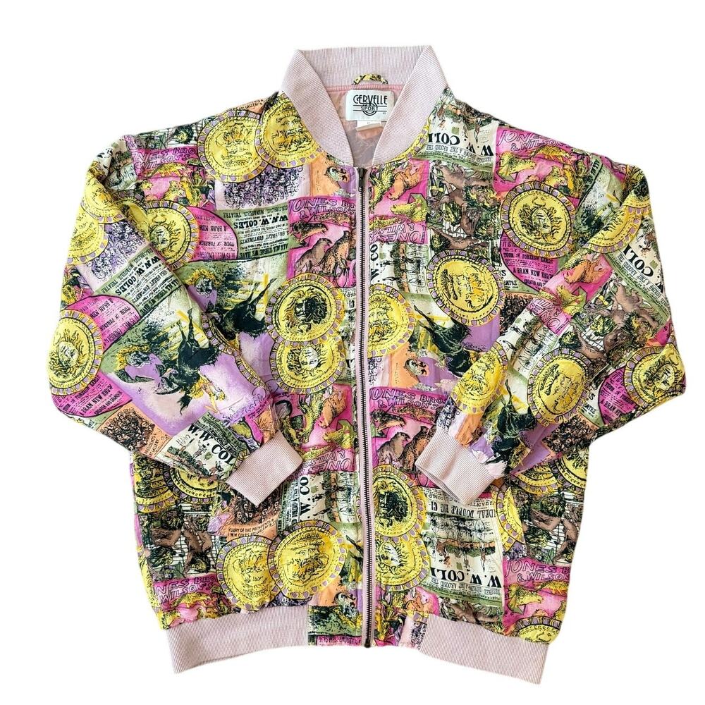Vintage Cervelle Silk Bomber Jacket Pink Gold Coin Motif Sport Style Size M
